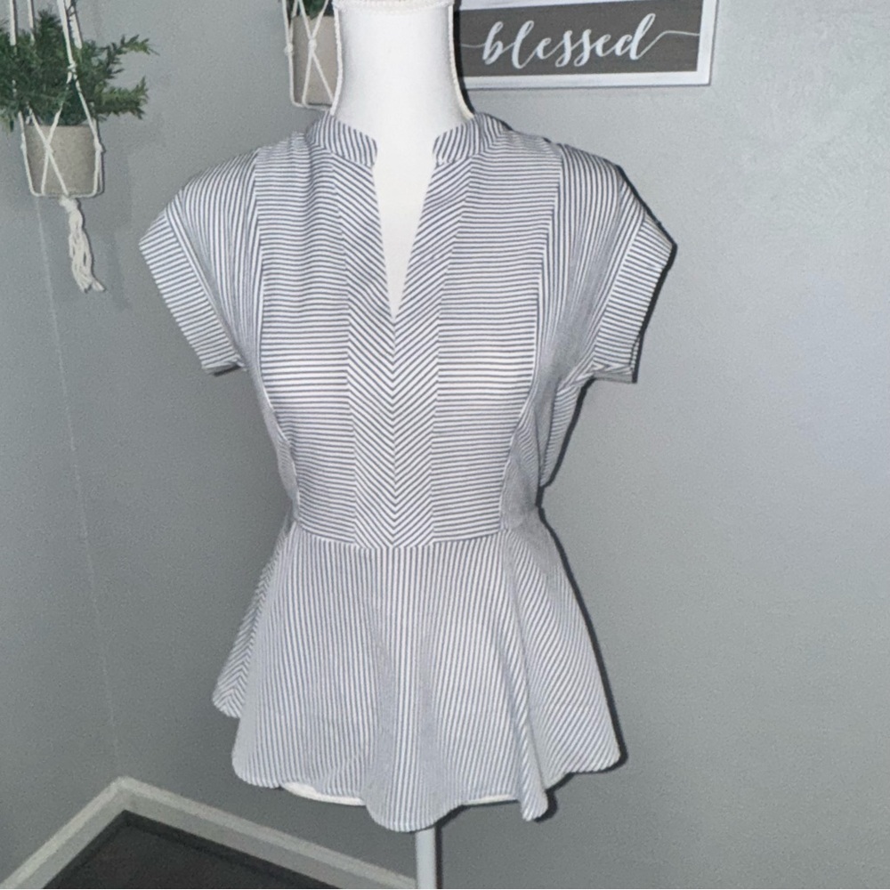 Monteau M Blue White Striped Peplum Blouse V Neck Soft Stretch Chic Top Coastal